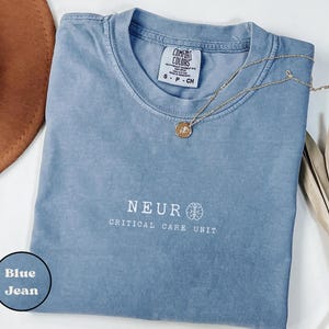 May include: A blue jean Comfort Colors t-shirt with the text "NEUR CRITICAL CARE UNIT" in white. A gold necklace with a pendant is draped across the shirt. A brown hat and dried plant are in the background.