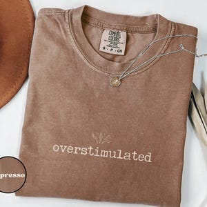 May include: A brown t-shirt with the text "overstimulated" and a lightning bolt graphic. The shirt is made by Comfort Colors and is in the color Espresso.