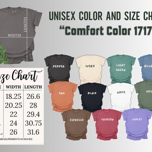 May include: Unisex t-shirt size chart with measurements in inches. The chart shows the width and length of the shirt in sizes S, M, L, XL, and 2XL. The chart also shows the different colors available for the shirt, including pepper, ivory, light green, blue jean, yam, black, white, moss, espresso, crimson, and violet.