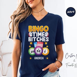 Custom Funny &quot;Bingo Time Bitches&quot; V-Neck T-Shirt, Personalized Name & Number, Squad Bingo Tee, Vintage Game Day Gift for Bingo Lovers