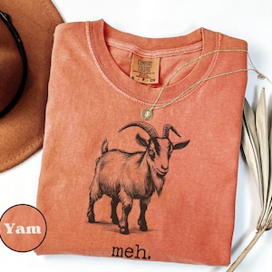 May include: A burnt orange t-shirt with a black and white illustration of a goat. The shirt has the text "yam" and "meh." printed on it.