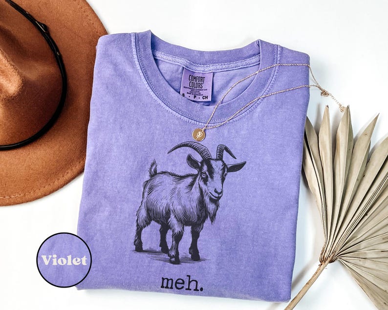 May include: A purple t-shirt with a black and white illustration of a goat and the text "meh."