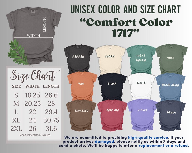 May include: A unisex color and size chart for "Comfort Color 1717" t-shirts. The chart displays various shirt colors, including Pepper, Ivory, Light Green, Moss, Yam, Black, White, Blue Jean, Espresso, Crimson, Violet, and Denim. A size chart is also included, with measurements in inches.