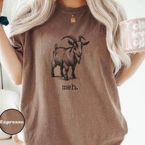 May include: A brown t-shirt with a black and white illustration of a goat and the word "meh." printed on the front.