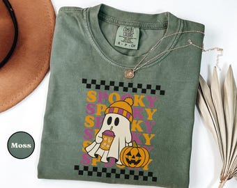 Comfort Colors Cute Ghost Shirt Spooky Season Tee Fall Aesthetic Halloween Shirt Pumpkin Boba Ghost Tee Retro Halloween Shirt Woman Fall Tee