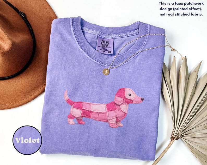 Comfort Colors® Faux Patchwork Dachshund Tee, Wiener Dog Shirt, Doxie Lover Gift, Cute Sausage Dog Shirt, Dog Mom Shirt Violet