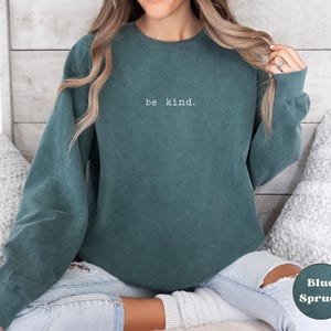 May include: A teal blue sweatshirt with the text "be kind." printed in white on the front.