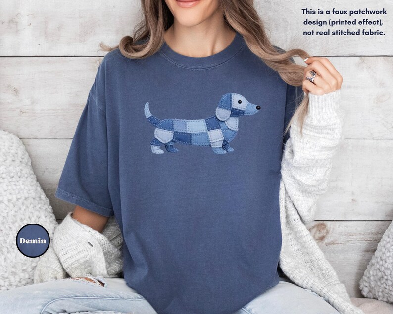 Comfort Colors® Faux Patchwork Dachshund Tee, Wiener Dog Shirt, Doxie Lover Gift, Cute Sausage Dog Shirt, Dog Mom Shirt Denim