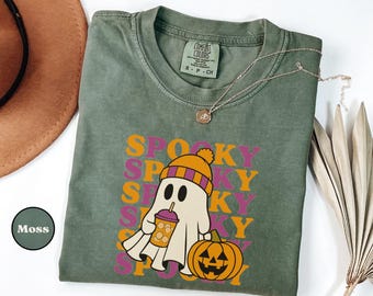 Comfort Colors Cute Ghost Shirt Spooky Season Tee Fall Aesthetic Halloween Shirt Pumpkin Boba Ghost Tee Retro Halloween Shirt Woman Fall Tee