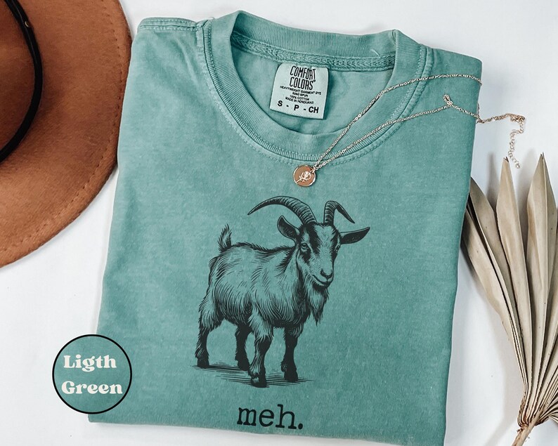 May include: A light green t-shirt with a black and white illustration of a goat and the word "meh." printed on the front.