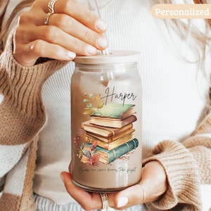 Personalized Book Lover Tumbler, Custom Name Glass with Bamboo Lid, Books Are Where Dreams Take Flight, Iced Coffee Glass for Readers