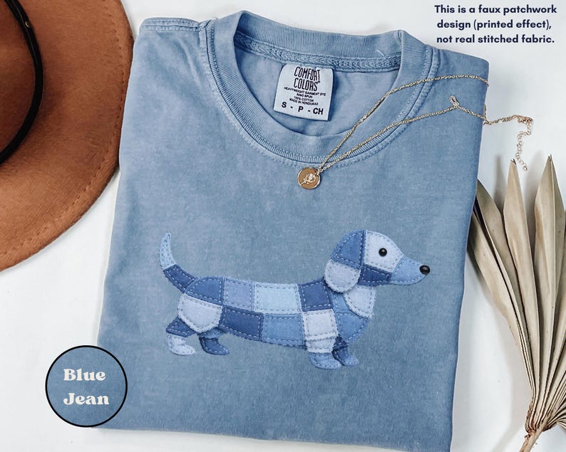 Comfort Colors® Faux Patchwork Dachshund Tee, Wiener Dog Shirt, Doxie Lover Gift, Cute Sausage Dog Shirt, Dog Mom Shirt Blue Jean