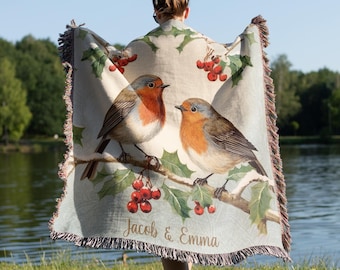 Personalized Cotton Anniversary Gift, Cottagecore Floral Tapestry Blanket with Birds, Custom Names Wedding or Engagement Blanket for Couples