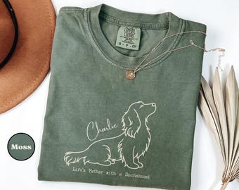 Comfort Colors® Custom Name Long Hair Dachshund Shirt Personalized Doxie Dog Mom Tee Custom Wiener Dog T-shirt Gift with Pet Name