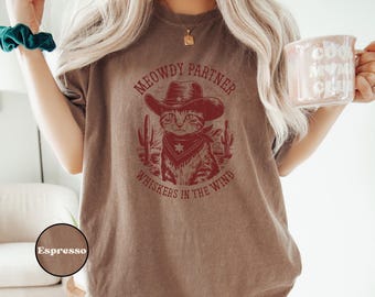 Comfort Colors® Meowdy Partner Cowboy Cat T-Shirt, Funny Vintage Western Cat Tee, Cowboy Cat T-Shirt, Unique Gift for Cat Lovers