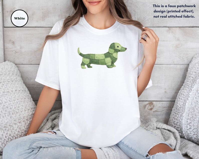 Comfort Colors® Faux Patchwork Dachshund Tee, Wiener Dog Shirt, Doxie Lover Gift, Cute Sausage Dog Shirt, Dog Mom Shirt White