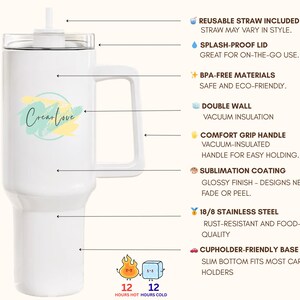 May include: White insulated tumbler with a handle, straw, and lid. Features the text "Crear Love" in a colorful design. Includes a reusable straw and is made of BPA-free materials. Keeps drinks hot or cold for 12 hours.