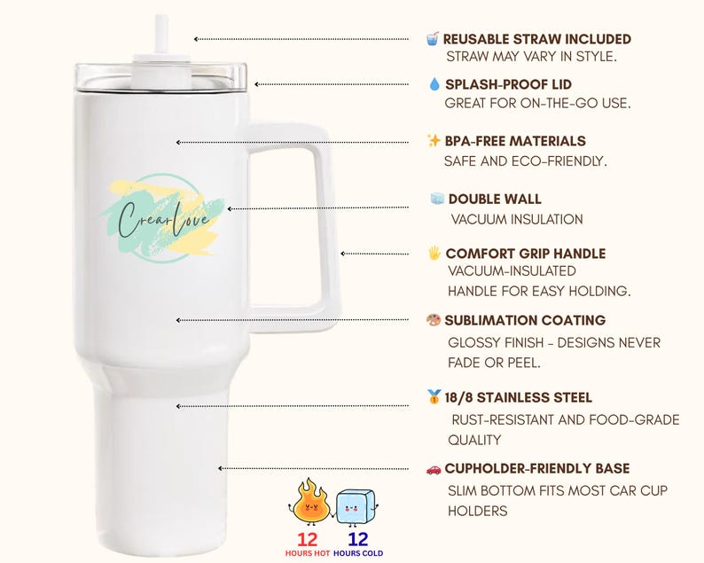 May include: White insulated tumbler with a handle, straw, and lid. Features the text "Crear Love" in a colorful design. Includes a reusable straw and is made of BPA-free materials. Keeps drinks hot or cold for 12 hours.