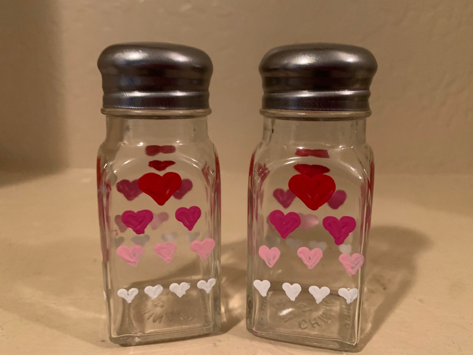 Valentine Hand Painted Salt and Pepper Shakers with Red, Pink and White