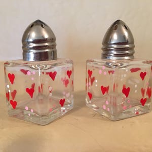 Valentine Hand Painted Salt and Pepper Shakers with Tiny Red Hearts