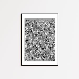 May include: A framed black and white print featuring a large crowd of people. The print is a detailed illustration with varying shades of gray, showcasing a diverse group of individuals in various poses and attire. The artwork is mounted in a black frame.