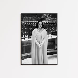 May include: Black and white framed print featuring a person wearing a light-colored cape and gloves, standing in front of a wrought iron fence. The person has long dark hair and is looking directly at the camera. Snow is visible on the ground.