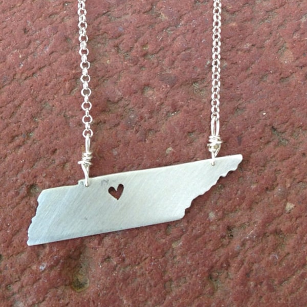 sterling silver tennessee state necklace- with heart on sterling silver chain