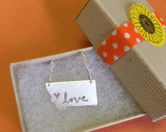 sterling silver montana state "love" necklace with hand-cut lettering