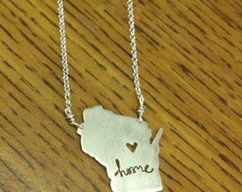 sterling silver Wisconsin state necklace- on 16 or 18 inch sterling chain- custom made- home cutout