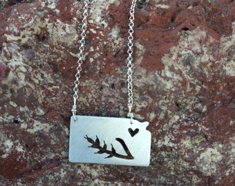 sterling silver kansas sweetheart necklace with wheat cutout on sterling silver chain