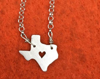 sterling silver Texas sweetheart necklace with heart on sterling silver chain.