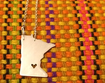 sterling silver Minnesota state necklace- with heart on sterling silver chain