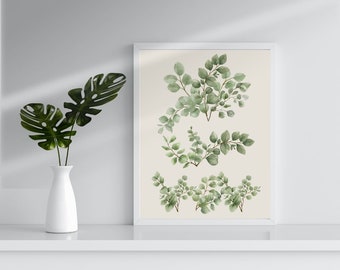 Watercolor Green Leaves Branch Art Print: Botanical Wall Decor (Digital Download)