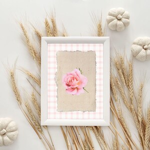 Pink Gingham Rose Print: Abstract Vintage Floral Wall Art (Digital Download)