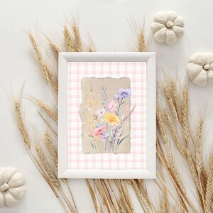 Pink Gingham Flower Print: Abstract Vintage English Garden Art (Digital Download