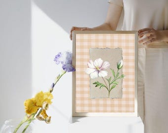 Gingham Flower Print: Abstract Floral Painting, English Garden Wall Art (Digital Download)