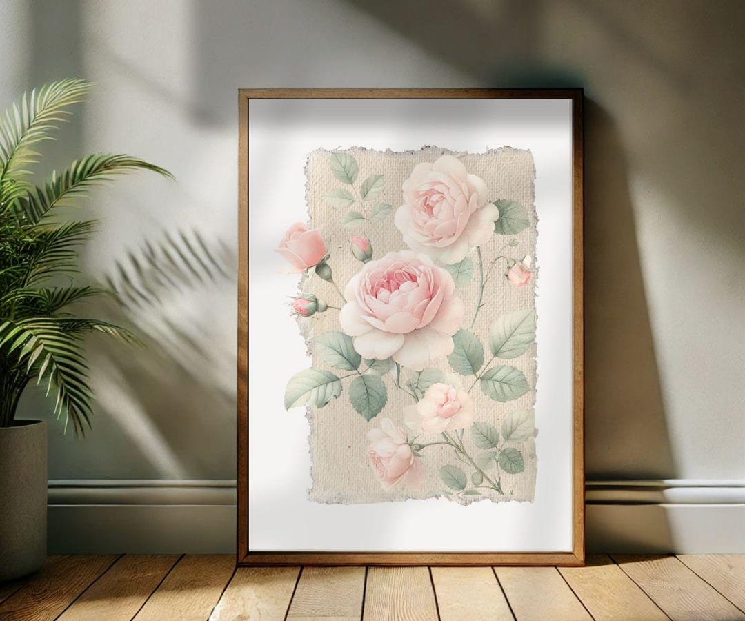 Pink Gingham Rose Watercolor Print: Vintage English Garden Wall Art ...