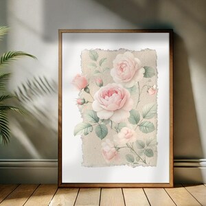 Pink Gingham Rose Watercolor Print: Vintage English Garden Wall Art (Digital Download