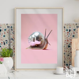 Op de afbeelding: Een slak met een zilveren discobal op zijn schelp, die op een roze achtergrond kruipt.