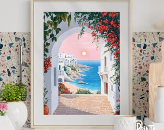 Op de afbeelding: Een schilderij van een witte boog met uitzicht op een blauwe zee en een roze lucht. De boog is bedekt met groene wijnstokken met rode bloemen. De zee is kalm en de lucht is helder.