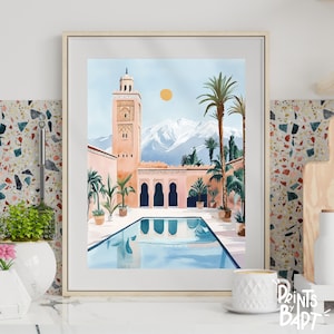 May include: A watercolor painting of a Moroccan courtyard with a pool, palm trees, and a tall building with a minaret. The building is painted in a light pink color, and the pool is a light blue color. The sky is a light blue color, and there are mountains in the background.