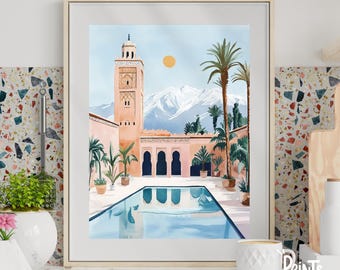 May include: A watercolor painting of a Moroccan courtyard with a pool, palm trees, and a tall building with a minaret. The building is painted in a light pink color, and the pool is a light blue color. The sky is a light blue color, and there are mountains in the background.
