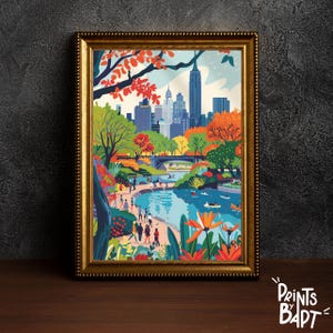 Cartel de Central Park Nueva York, Arte de la pared del horizonte de Nueva York, Impresión vibrante del paisaje urbano, Arte de viaje, Descarga digital instantánea