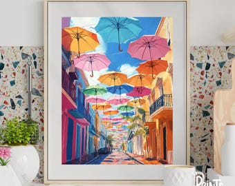Puerto Rico Watercolor Print, San Juan Street, Colorful Umbrellas Art, Vibrant Street Wall Art, Travel Poster, Digital Download