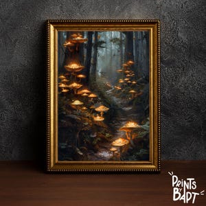 May include: A framed painting of a forest path lined with glowing mushrooms. The mushrooms are various sizes and shapes, with a golden glow emanating from their caps. The path leads into the distance, disappearing into the mist.