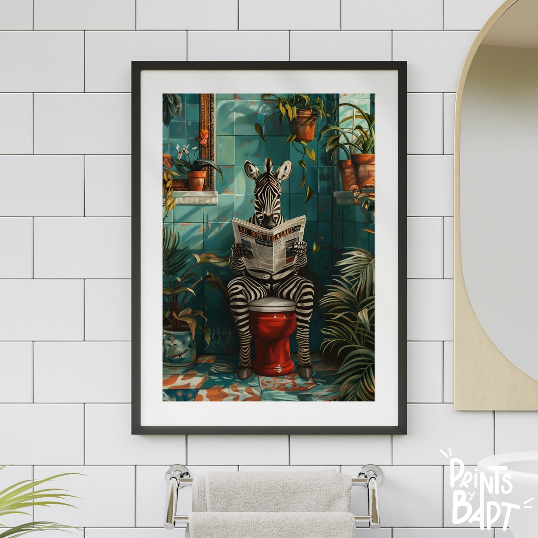 Maximalist Bathroom Zebra Wall Art, Zebra Reading Newspaper Print ...