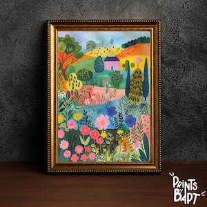 Può includere: Un'illustrazione colorata di una casa rosa in un paesaggio verde lussureggiante con fiori e alberi. La casa ha una porta e finestre bianche. Il paesaggio è pieno di colori vivaci, tra cui rosa, blu, verde e giallo.