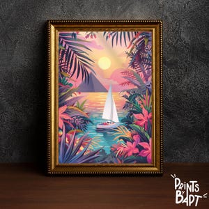 Ruhiger Sonnenuntergang Segelboot Kunstdruck, tropische Meereslandschaft Illustration, farbenfrohe Natur Wanddekoration, sofortiger digitaler Download