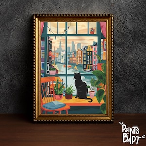 May include: A framed illustration of a black cat sitting on a windowsill looking out at a cityscape. The window is open and the city is filled with colourful buildings and boats on a canal. There are plants on the windowsill and a chair in the room.