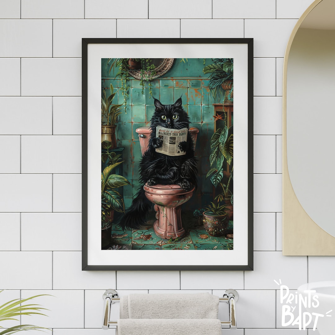 Black Cat Bathroom Poster, Cat on Toilet Wall Art, Funny Bathroom Wall ...